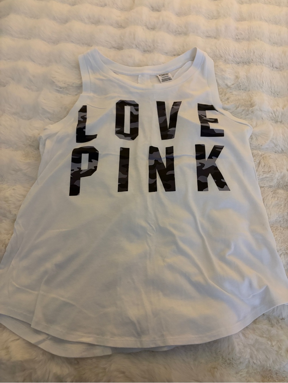 PINK Victoria's Secret White Graphic Tee with Camo Lettering
